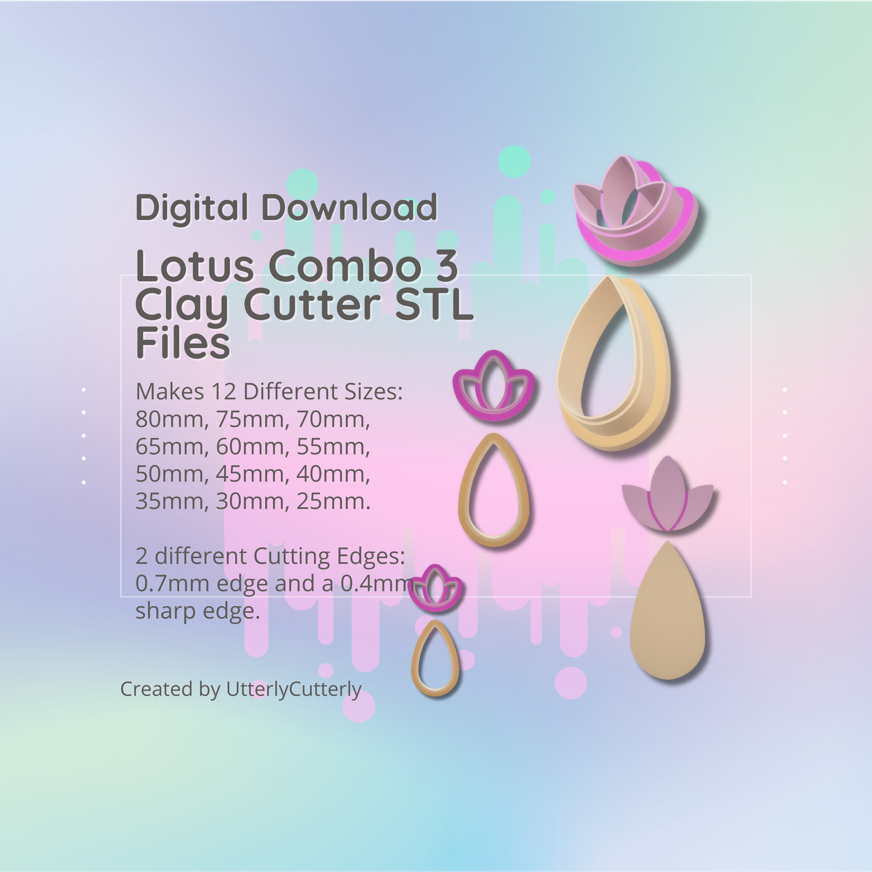clay cutter stl file lotus combo 3 - flower earring digital download- 12 sizes 2 versions cookie 3d print stand polymer polymerclay baking playdough 3D print model - Mito3D