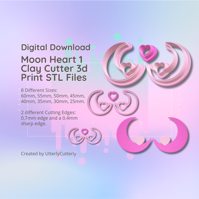 clay cutter stl file moon heart 1- celestial love earring digital download- 8 sizes & 2 versions cookie polymer geometric embossed hexagon utterlycutterly utterly cutterly fondant organic shape indie fashion 3d print model - Mito3D