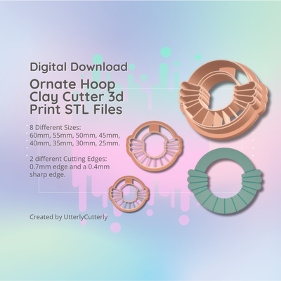 clay cutter stl file ornate hoop- earring digital download- 8 sizes & 2 versions cookie polymer geometric embossed hexagon utterlycutterly utterly cutterly fondant organic shape indie fashion 3d print model - Mito3D