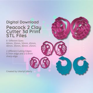 argilla taglierina stl file pavone 2 orecchino digitale download 8 dimensioni versioni biscotto 3d print model - Mito3D