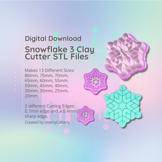 clay cutter stl file snowflake 3 - christmas earring digital download- 13 sizes & 2 versions cookie ornament Jewelry polymer geometric embossed hexagon utterlycutterly utterly cutterly fondant organic shape indie fashion 3d print model - Mito3D