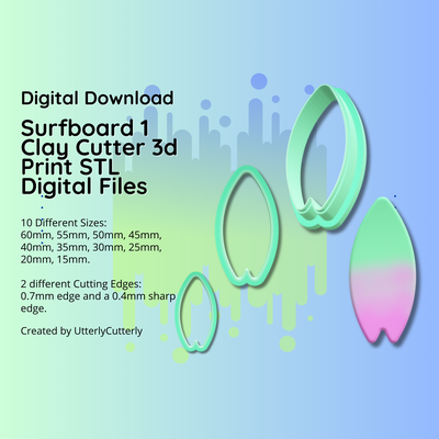 clay cutter stl file surfboard 1- summer surfer earring digital download- 10 sizes & 2 versions cookie jewelry polymer geometric embossed hexagon utterlycutterly utterly cutterly fondant organic shape indie fashion 3d print model - Mito3D