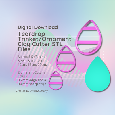clay cutter stl file teardrop trinket ornament coaster - home decor digital download- 5 sizes 2 versions cookie earring polymer geometric embossed hexagon utterlycutterly utterly cutterly fondant organic shape indie fashion 3d print model - Mito3D