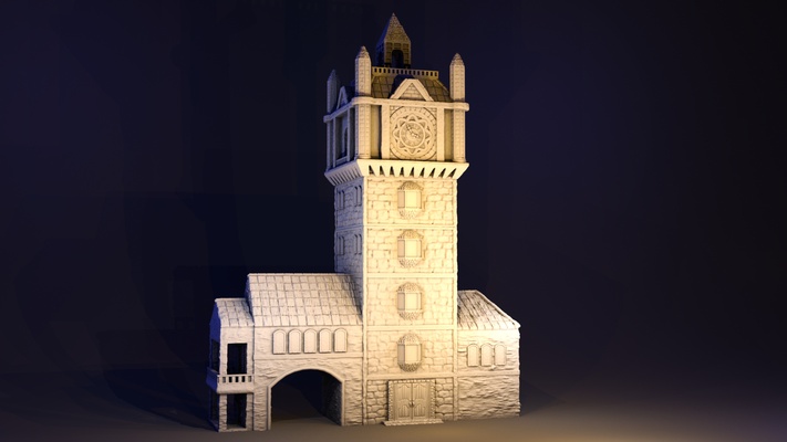torre dell'orologio armeggiare orologio spargere terreno artefice edificio cittadina dnd fantasia medievale magia decorazione wargaming rpg tavolo città giochi campana 3d print model - Mito3D
