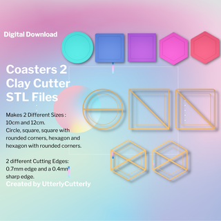 coasters 2 cutter - digital file download- 5 designs sizes versions earring clay polymer geometric embossed hexagon utterlycutterly utterly cutterly cookie fondant trinket dish coaster 3d print model - Mito3D