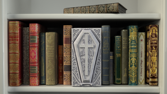 coffin dice case booknook home book bookend cross dragons funny nerd vampire supportless dracula dungeon library d20 scenic crosslances booknooks 3d print model - Mito3D
