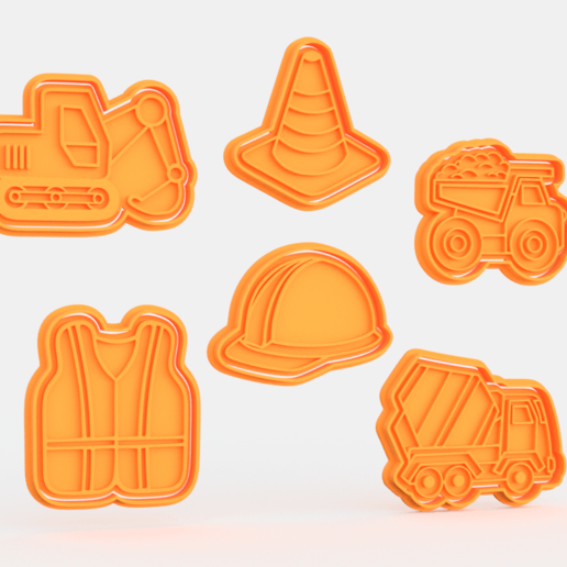 construction building cookie cutter set 6 home cone worker clothes javelot tractor work equipment house automobile transport machine skating rink excavator stamp cookies cook cithen cutters 3D print model - Mito3D