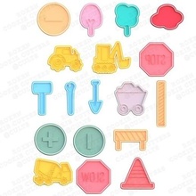 construction cookie cutter set 18 stamp cookies cook home cithen cutters road signs tools tractor shovel hammer trolley concrete mixer 3d print model - Mito3D