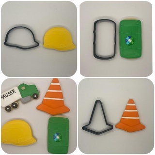 construction cookie cutters 3 designs cutter hardhat traffic cone oil barrel business bake baking art fun food love games 3d print model - Mito3D