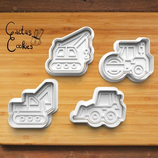 construction vehicles cookie cutter set 0321 Home present gift love christmas xmas baking fondant clay anniversary birthday with stamp polymer embosser commercial license patreon crane excavator roller tractor 3d print model - Mito3D