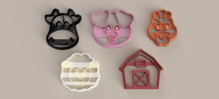cookie cutter farm x5 game kid kids child cow hog pig sheep field party 3d print model - Mito3D