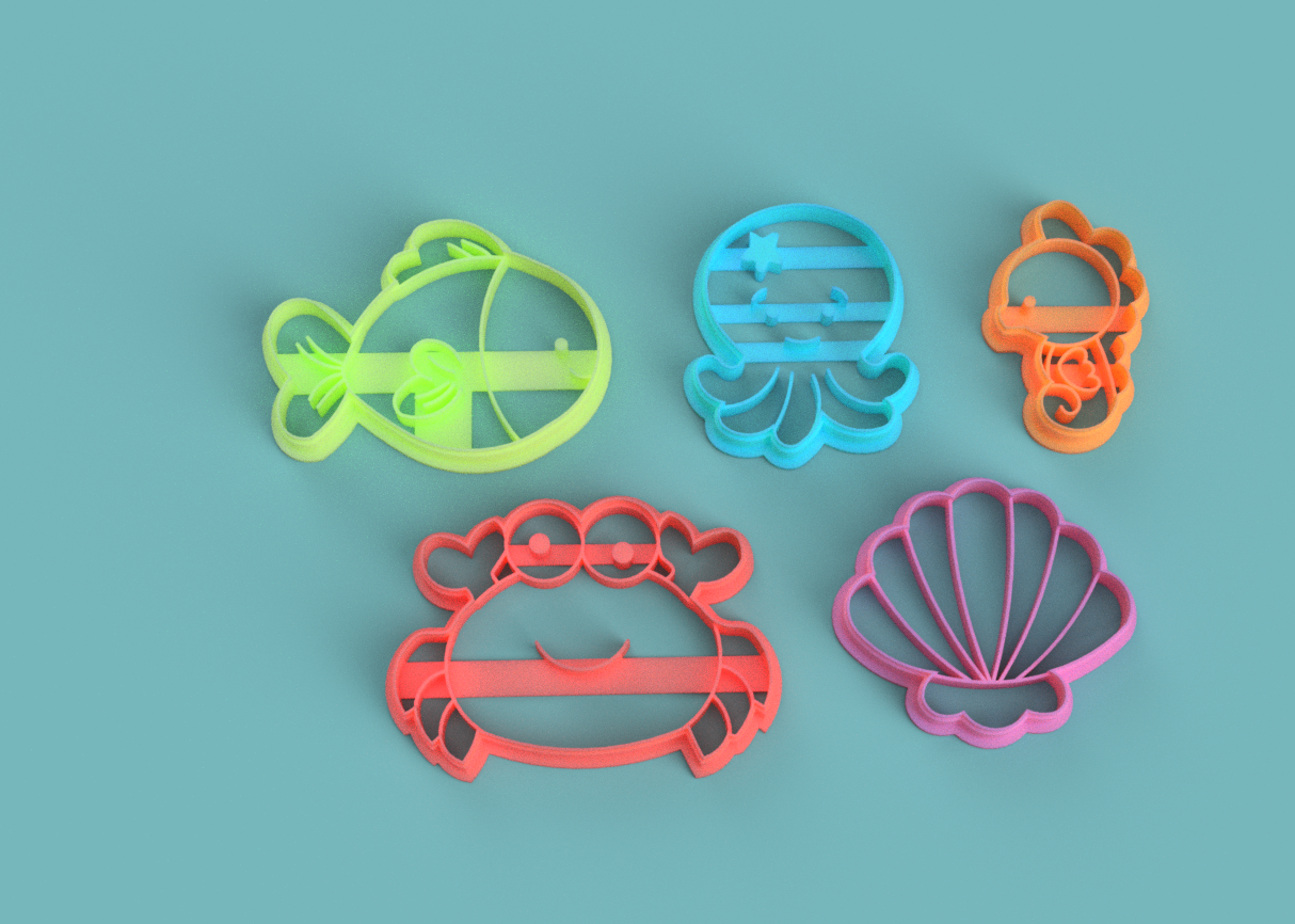 biscuit coupeur mer animaux x5 Jeu enfant gamins Crabe poulpe poisson hippocampe escargot océan Marin animal fête 3D print model - Mito3D