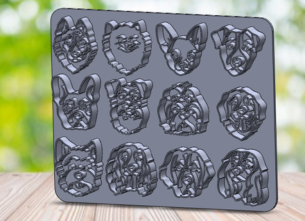 cookie cutter set twelve dog face cutters - plate 18cmx14cm cookies dogs faces 3d print model - Mito3D