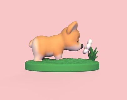corgi flower Art dog cute garden smelling the sculpture animal art toy miniatures cartoon decorative pet 3d print model - Mito3D