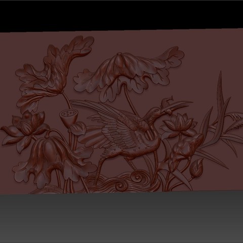 crane lotus chinese ancient pattern texture art bird scenery engraving sculpture cnc relief 3d 3D print model - Mito3D
