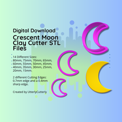 crescent moon clay cutter - stl digital file download- 14 sizes 2 versions earring polymer geometric embossed hexagon utterlycutterly utterly cutterly cookie fondant organic shape indie fashion 3d print model - Mito3D