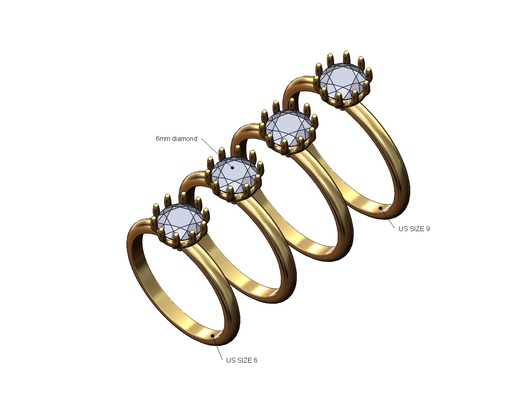 corona ajuste 6mm diamante anillo us tamaños 6to9 3d impresión modelo joyería joya solitario boda compromiso imprimible oro banda moda plata clásico antiguo 3d print model - Mito3D