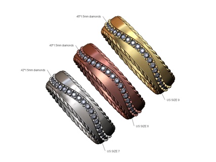 curved diamond line rope sides band us sizes 7 8 9 3d print model ring wedding engagement wire braided jewellery jewelry gold silver printable luxury minimalist statement cigar 3d print model - Mito3D