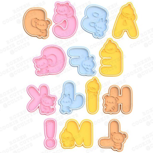 cute animals alphabet a-m cookie cutter set 14 stamp cookies cook home cithen cutters dog bulldog children baby numbers signs words learning 3D print model - Mito3D