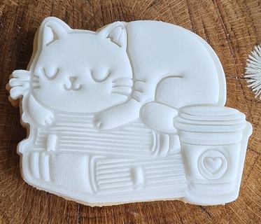 cute cat books coffee cookie cutter stamper embosser animal 3d print model - Mito3D