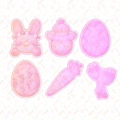 cute easter cookie cutter set of 6 cookies bakery stamp happy bunny holiday egg eggs animals vegetables mickey mouse 3d print model - Mito3D