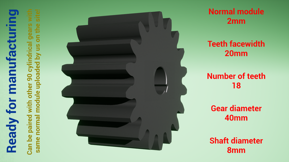 cylindrical gear - paired z18 m2 d40 d8 wheel cog robot teeth print steel metal plastic tool industrial mechanism machinery differential technology engine transmission science engineering 3d print model - Mito3D