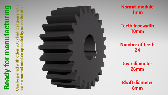 cylindrical gear - paired z24 m1 d26 d8 wheel cog robot teeth print steel metal plastic tool industrial mechanism machinery differential technology engine transmission science engineering 3d print model - Mito3D