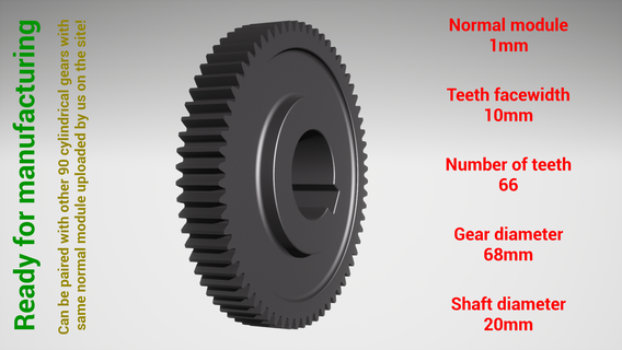 cylindrical gear - paired z66 m1 d68 d20 wheel cog robot teeth print steel metal plastic tool industrial mechanism machinery differential technology engine transmission science engineering 3d print model - Mito3D