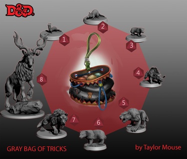 d&d gray bag tricks dungeons dragons & badger dire wolf elk rat weasel boar 3d print model - Mito3D