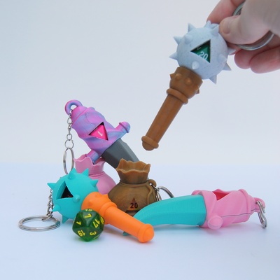 d20 keychain set 2 jewelry dice guardian display d&d ttrpg goblin cute mace dagger bag of holding weapons 3d print model - Mito3D