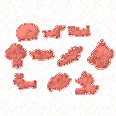 dachshund dog cookie cutter set of 10 home cookies bakery stamp pet animal 3d print model - Mito3D