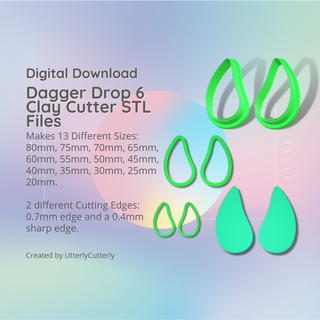 dagger drop 6 clay cutter - stl digital file download- 13 sizes 2 versions earrings pendant barrette Fashion earring polymer geometric embossed hexagon utterlycutterly utterly cutterly cookie fondant organic shape indie fashion 3d print model - Mito3D
