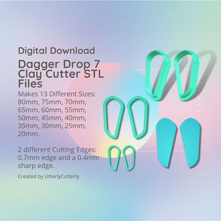 dagger drop 7 clay cutter - stl digital file download- 13 sizes 2 versions earrings pendant barrette earring polymer geometric embossed hexagon utterlycutterly utterly cutterly cookie fondant organic shape indie fashion 3d print model - Mito3D