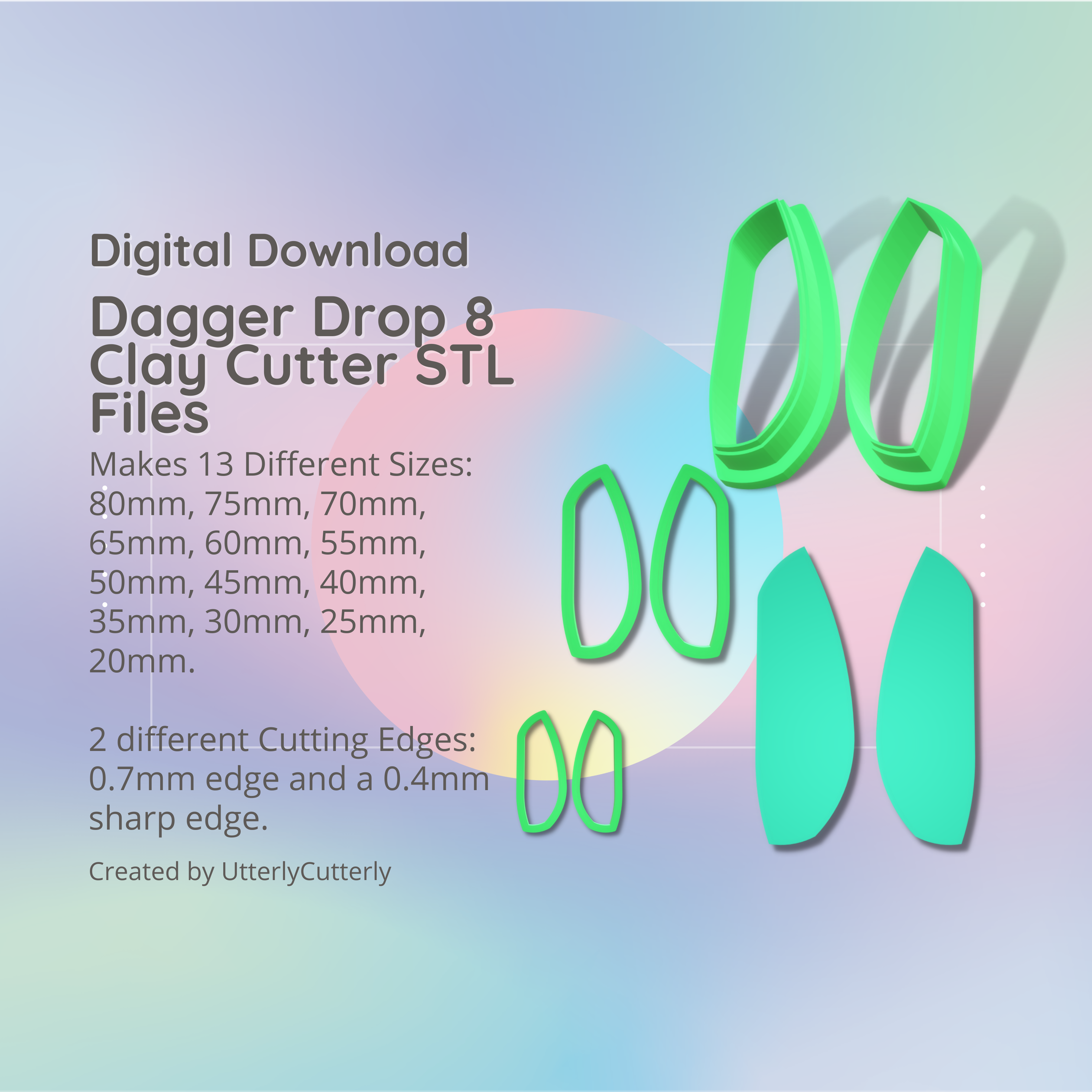 dagger drop 8 clay cutter - stl digital file download- 13 sizes 2 versions earrings pendant barrette earring polymer geometric embossed hexagon utterlycutterly utterly cutterly cookie fondant organic shape indie fashion 3D print model - Mito3D