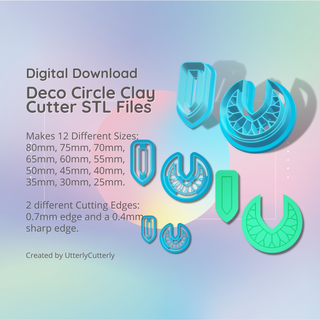 deco circle debossed clay cutter - stl digital file download- 12 sizes 2 versions Jewelry earring polymer geometric embossed hexagon utterlycutterly utterly cutterly cookie fondant organic shape indie fashion 3d print model - Mito3D