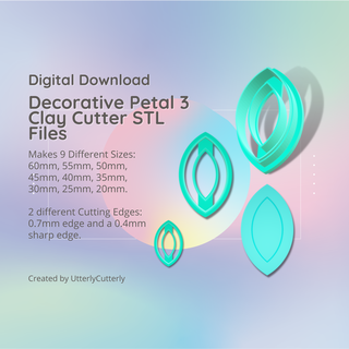 decorative petal 3 clay cutter - tribal stl digital file download- 9 sizes 2 earring versions cookie polymer geometric embossed hexagon utterlycutterly utterly cutterly fondant organic shape indie circle moon 3d print model - Mito3D