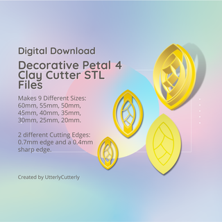 decorative petal 4 clay cutter - fall stl digital file download- 9 sizes 2 earring versions cookie polymer geometric embossed hexagon utterlycutterly utterly cutterly fondant organic shape indie fashion 3d print model - Mito3D