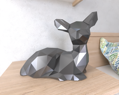 ciervo sentado lowpoly animal geométrico origami Arte escultura estatua facetado decorativo modelo pared escuela politécnica fantasía 3d print model - Mito3D