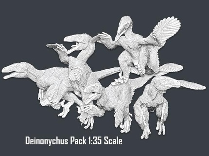 deinonychus pack 1 35 raptor velociraptor dromaeosaur dinosaur bird monster feathered jurassic park world figure scale realistic scientifically accurate 3d print model - Mito3D