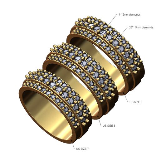 diamant 3 rangée mariage engagement bague tailles 7 8 9 3d impression modèle 3D print model - Mito3D