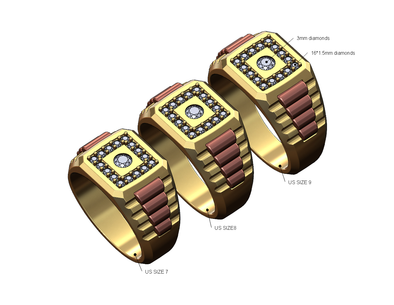 diamante 3mm bisel presidencial enlace inserciones anillo us tamaños 7 8 9 3d impresión modelo cuadrado sello rolex joyería joya oro plata imprimible costoso lujo reloj caballeros hombres 3D print model - Mito3D