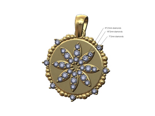 diamond beads coin flower pedals pendant charm 3d print model beaded bead jewelry printable gold silver jewellery necklace bail vintage bracelet 3d print model - Mito3D