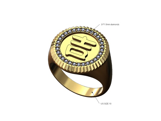 diamond fluted luck lucky chinese symbol signet ring 3d print model jewelry enamel ancient china fashion printable silver gold jewelry jewellery bling iced 3d print model - Mito3D