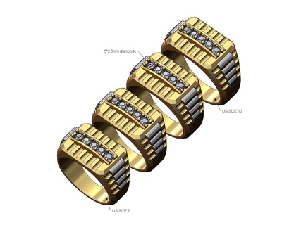 diamond round top presidential link inserts ring us sizes 7to10 3d print model jewelry gold silver printable jewellery rolex bling fluted watch luxury fashion statement chunky 3d print model - Mito3D