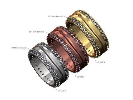 diamond sides curved split cigar band us sizes 7 8 9 3d print model iced bling ring jewelry gold silver printable luxury statement fashion wedding engagement 3d print model - Mito3D