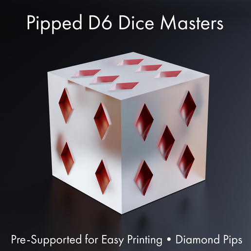 dice masters - sharp-edged diamond pipped d6 pre-supported 3D print model - Mito3D