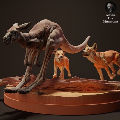 dingoes vs red kangaroo animal companion dingo dog wild wildlife creature realistic sculpture figurine figure miniature grassland desert 3d print model - Mito3D