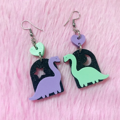 dinosaur earrings sauro soulmates jewelry sauropod keychain necklace dino valentines cute kawaii 3d print model - Mito3D