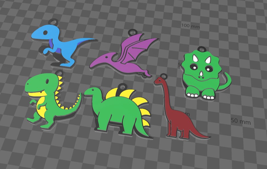 dinosaures porte clés pack enfants dinosaure stégosaure rex vélociraptor ptérodactyle 3D print model - Mito3D