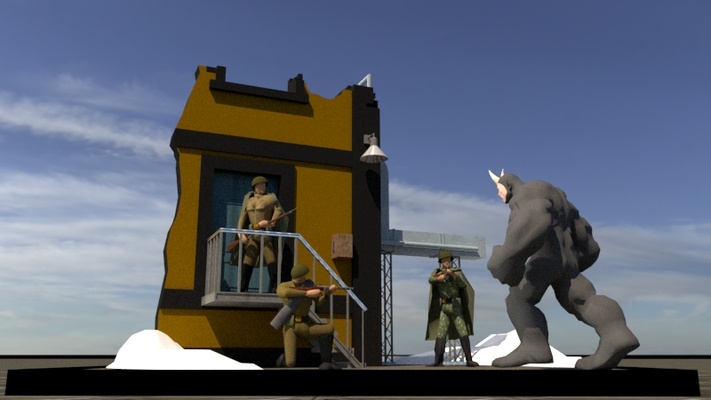 diorama rua guerra rino jogos rinoceronte soldado casa apertado 3d print model - Mito3D